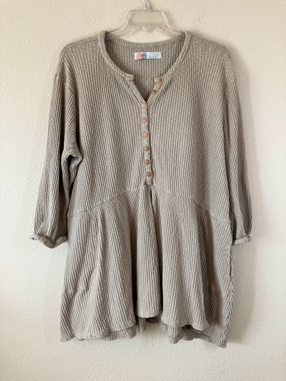 FREE PEOPLE BEACH Blossom Button-up Tunic Dress L Ribbed Knit Oversized Boho